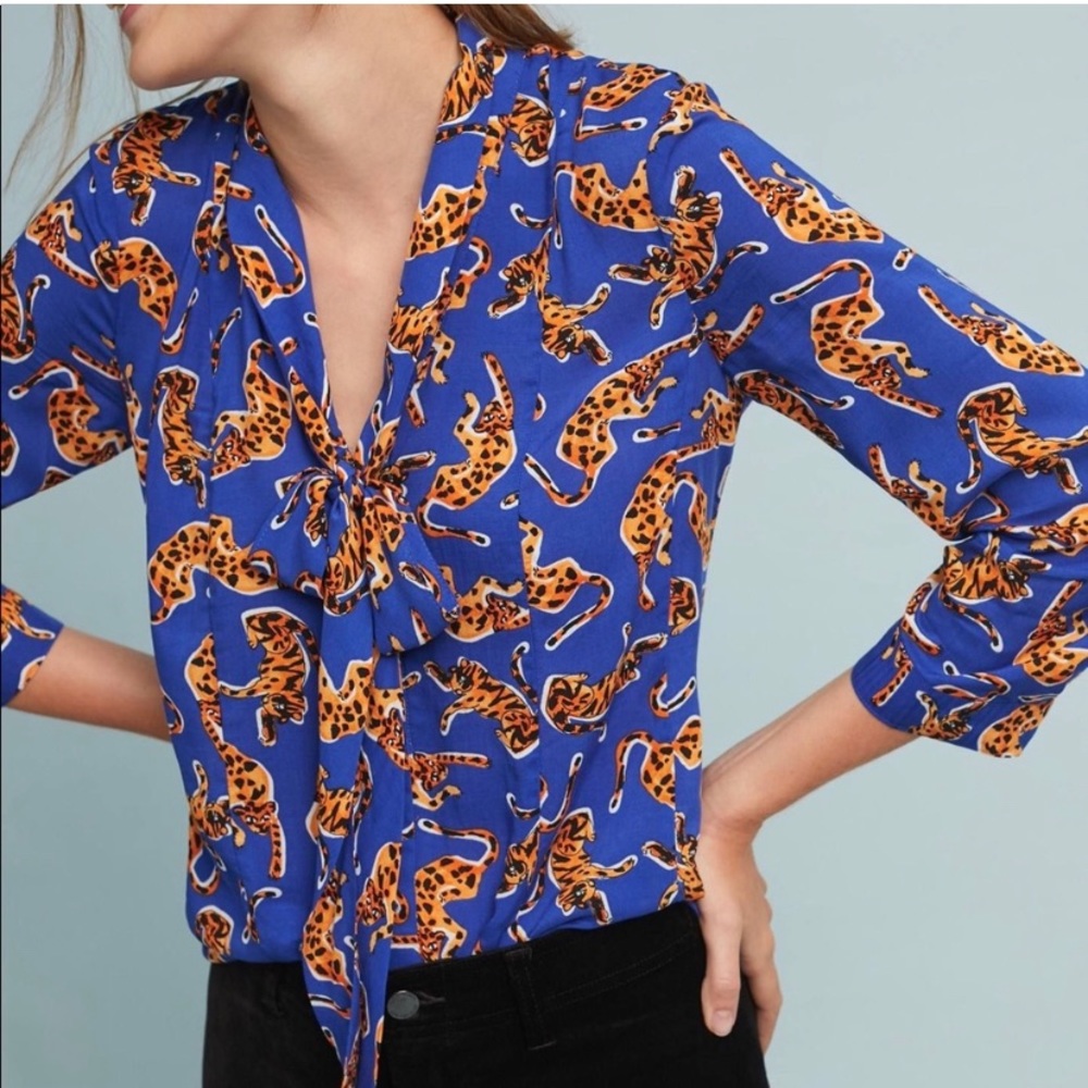Anthropologie Blue Orange Tie Front 3/4 Sleeve Blouse